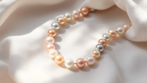 A strand of pearls in soft white, cream, peach, pink and grey shades lying on pale silk in natural window light