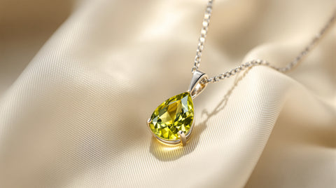 Peridot birthstone teardrop necklace in sterling silver styled on a neutral background showing its bright olive-green color