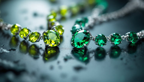 Peridot and emerald necklaces side by side showing the color contrast between the two green gemstones