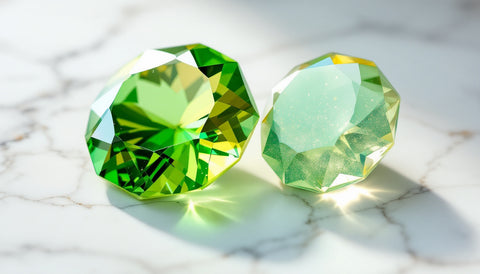 Peridot and green aventurine gemstones side by side showing the difference between peridot's clear olive-green color and aventurine's sparkly, translucent green