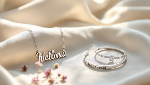Personalized sterling silver jewelry gift ideas for a wife, including an engraved name necklace and a birthstone ring
