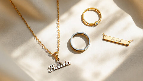 Personalized sterling silver jewelry for women including an engraved name necklace, birthstone ring, and stamped bracelet