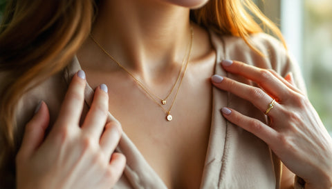 Mother wearing layered personalized initial and birthstone necklaces