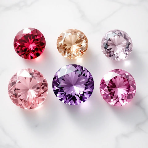 Collection of pink and purple gemstones arranged on white marble for comparison