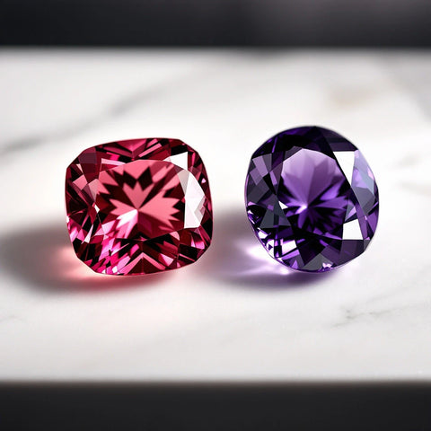 Pink tourmaline and purple amethyst gemstones side by side on white marble