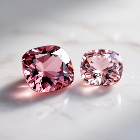 Pink tourmaline and pink diamond gemstones side by side on white marble