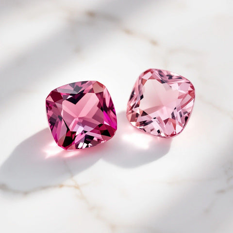 Pink tourmaline and pink topaz gemstones side by side on white marble