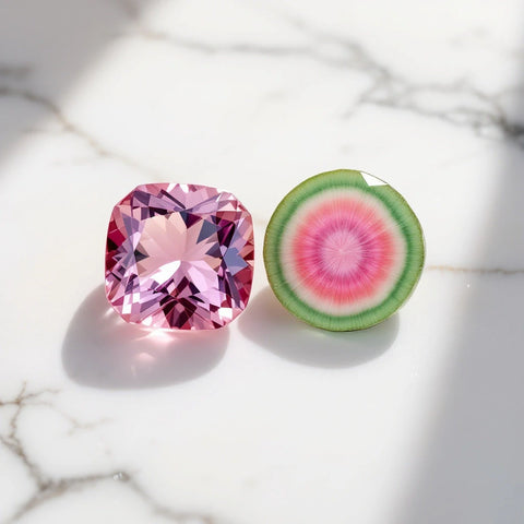 Pink tourmaline and watermelon tourmaline gemstones side by side on white marble