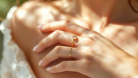 Woman wearing a delicate gold heart promise ring on her finger