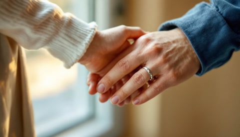 Two hands clasped together wearing matching sterling silver promise rings