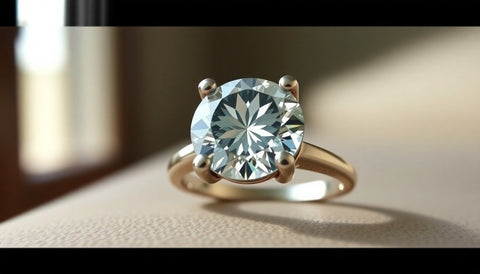Close view of a round stone held by four metal prongs on a silver ring in soft natural light