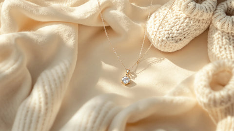 Birthstone charm necklace push present gift on cream baby blanket