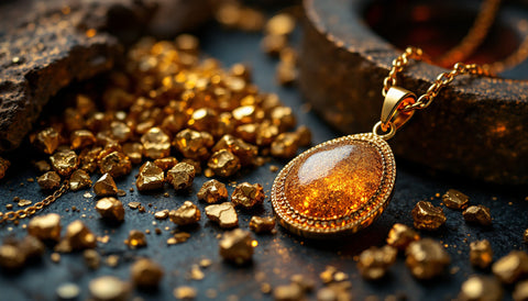 Raw gold scrap and nuggets beside a finished gold plated pendant, representing recycled gold becoming new jewelry