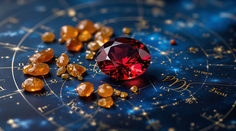 Red garnet and hessonite gemstones on celestial zodiac star map astrology