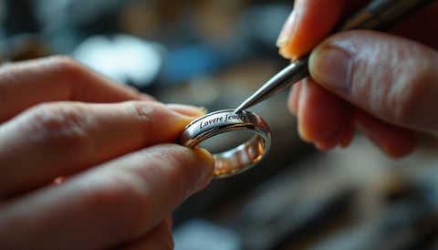 Jeweler hand-engraving a personal message inside a silver ring band