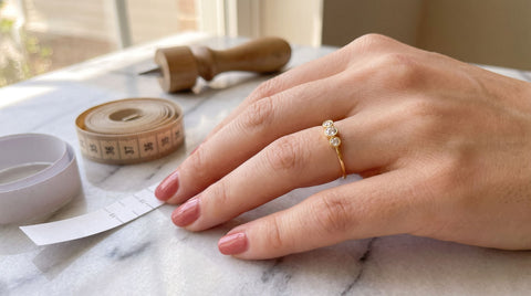 Hand wearing a gold ring next to a measuring tape and paper ring sizer on a marble surface