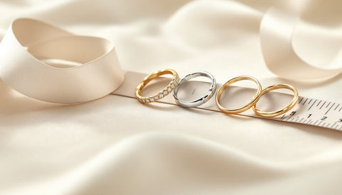 Sterling silver and gold-plated rings beside a measuring tape and paper sizing strip
