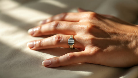 Close-up of a hand wearing a flat-top signet-style initial ring