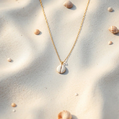 Seashell necklace flatlay — gold cowrie shell pendant on thin chain with natural shells on white sand beach