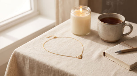 Dainty gold heart necklace laid on warm linen beside a lit candle, tea, and a journal