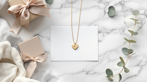 Sentimental gifts for mom laid out with a gold heart initial necklace as the centerpiece