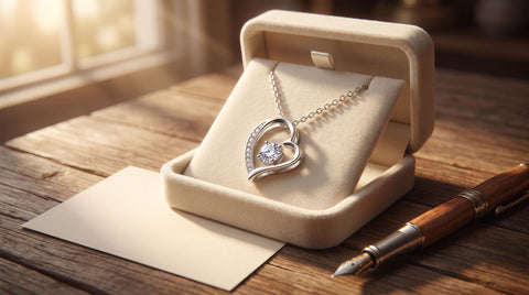 Open-heart pendant necklace in an open gift box beside a handwritten message card