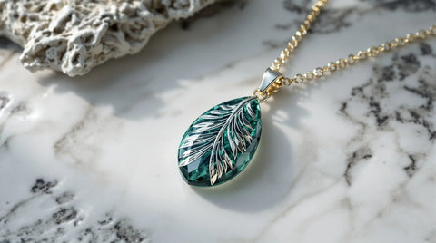 Seraphinite pendant necklace on white marble — deep green angel stone with silver feather patterns