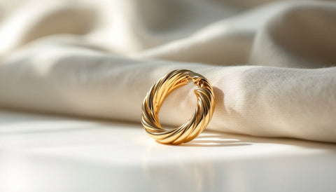 Close-up of a polished gold spiral hoop earring with a twisted sculptural form