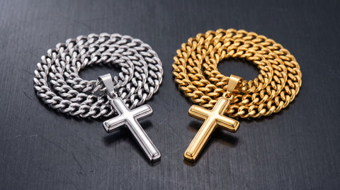 Silver-finish and gold-finish 316L stainless steel cuban link chains with cross pendants