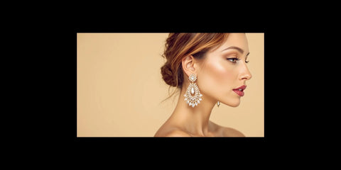 Woman with updo hairstyle wearing large gold statement dangle earrings with crystal accents, styled for evening