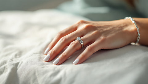 Woman wearing stacked sterling silver rings and a silver bracelet