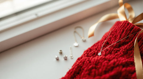 Small sterling silver stud earrings and a delicate pendant necklace nestled inside a red Christmas stocking with holiday ribbon