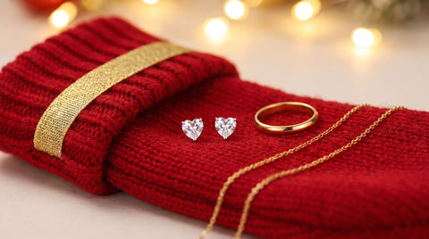 Heart-shaped sterling silver stud earrings, a gold ring, and a thin gold anklet beside a red Christmas stocking with gold ribbon