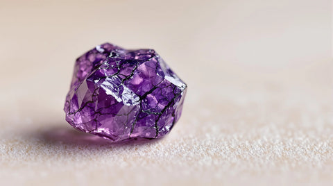 Raw sugilite crystal showing deep violet purple color with manganese inclusions on neutral background