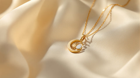 Gold sun and moon pendant necklace on cream linen — sun and moon necklace meaning and symbolism