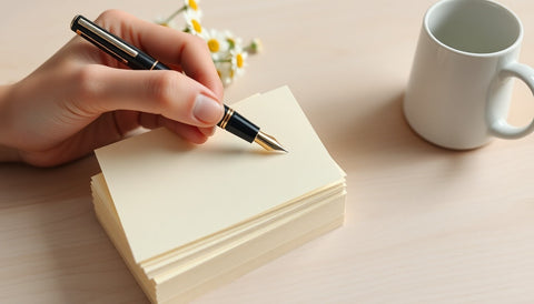 A hand holding a fountain pen over a stack of blank cream notecards beside a small bunch of white daisies and a white mug