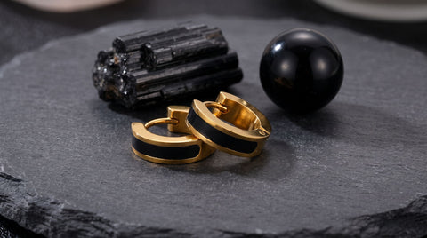 Black gold-plated hoop earrings styled with black tourmaline and black onyx crystals