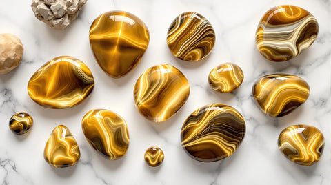 Tiger's eye buying guide — polished tiger's eye stones showing chatoyancy band