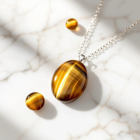 Tiger's eye pendant necklace showing golden chatoyancy cat's-eye shimmer on white marble — tiger's eye meaning guide