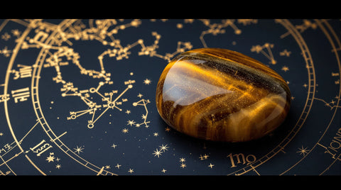 Tiger's eye zodiac sign — golden tiger's eye crystal with celestial star chart backdrop