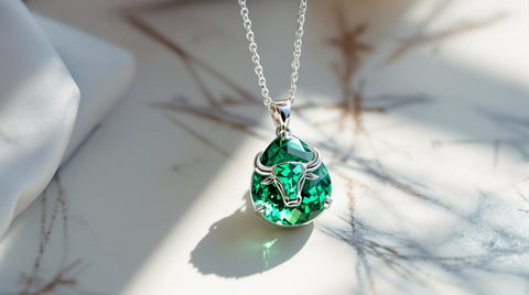 Emerald birthstone necklace Taurus zodiac bull symbol, rich green gemstone, sterling silver