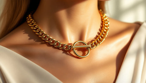 Close-up of a woman's collarbone wearing a chunky gold chain necklace with a visible front toggle clasp