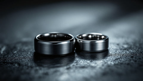 Tungsten carbide ring and titanium ring side by side showing the difference in finish, color, and texture