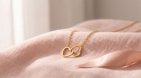 A gold plated double heart pendant necklace resting on blush pink linen beside a satin ribbon