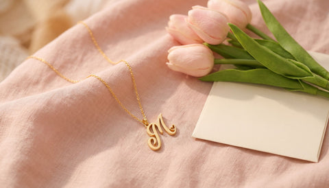 Gold initial necklace on blush linen beside pale pink tulips and a plain cream envelope