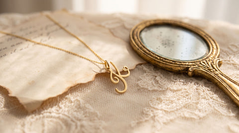 Flat lay of a gold cursive script heart initial necklace styled with lace and aged paper, vintage-inspired jewelry