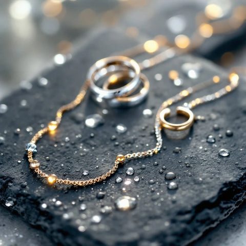Gold and silver waterproof necklaces and rings arranged on a wet stone surface with water droplets