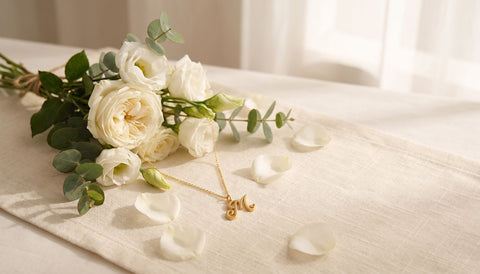 Gold script initial pendant necklace laid on a cream linen runner beside white roses, eucalyptus and loose white petals