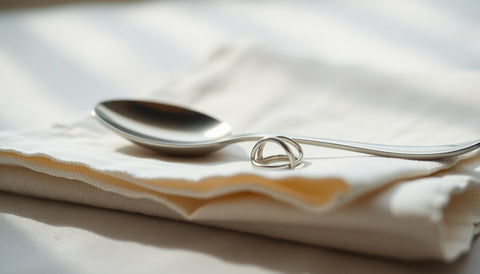 An old silver spoon and a small silver ring on a folded linen cloth