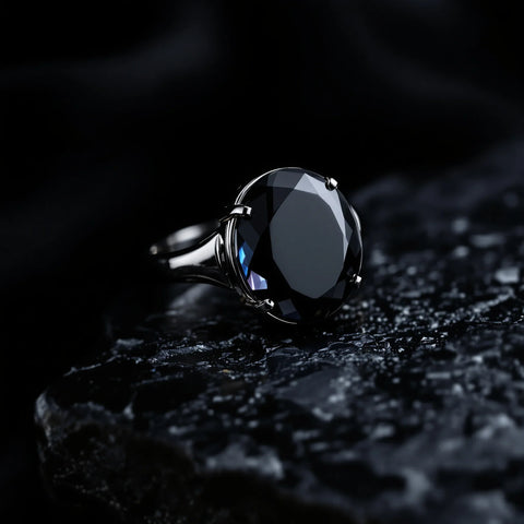 Black mood ring with dark onyx stone on obsidian surface — meaning, causes and how to tell if broken